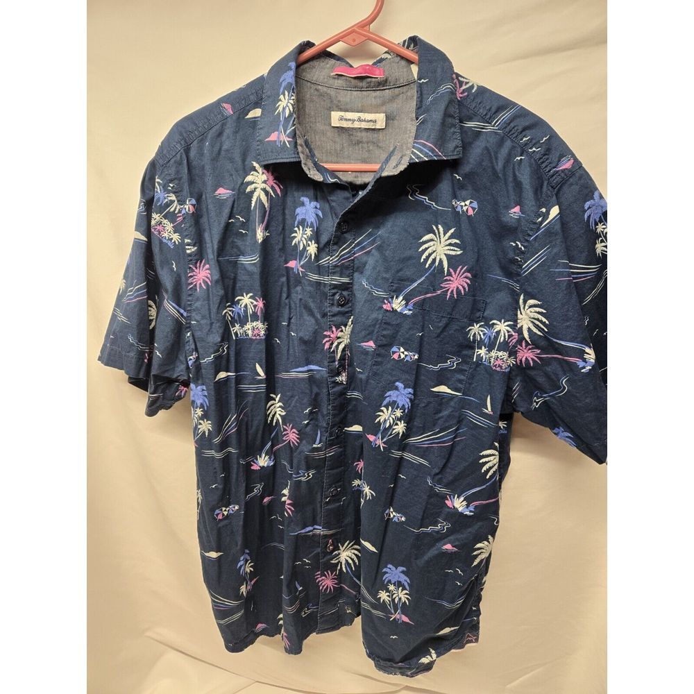 Tommy Bahama Hawaiian Button Up Down Shirt‎ Cotton Blue Palm Trees Large